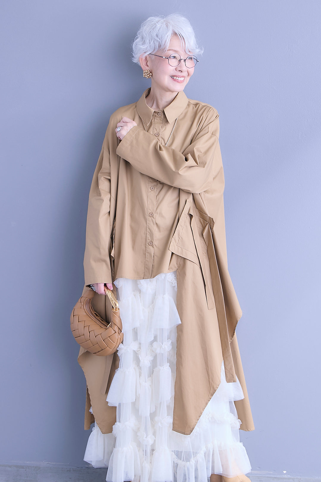 【SET】ロングテールアシメカットデザインシャツ+ペタルティアードチュールスカート(2set)