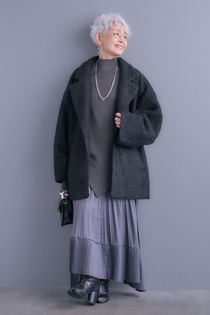 【SET】アシンメトリーオーバーニット+ブークレーテーラードコート+アシンメトリープリーツスカート(3set)