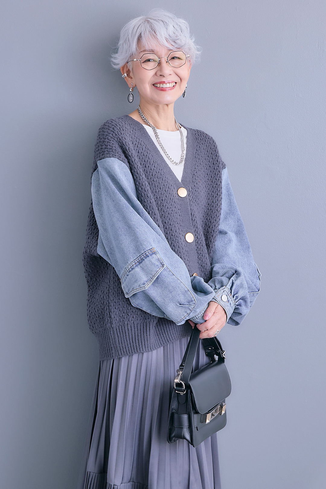 【予約】デニムスリーブニットオーバーカーデ