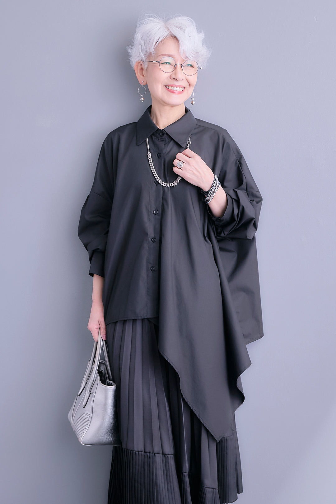 【SET】アシンメトリーロングシャツ+アシンメトリープリーツスカート(2set)