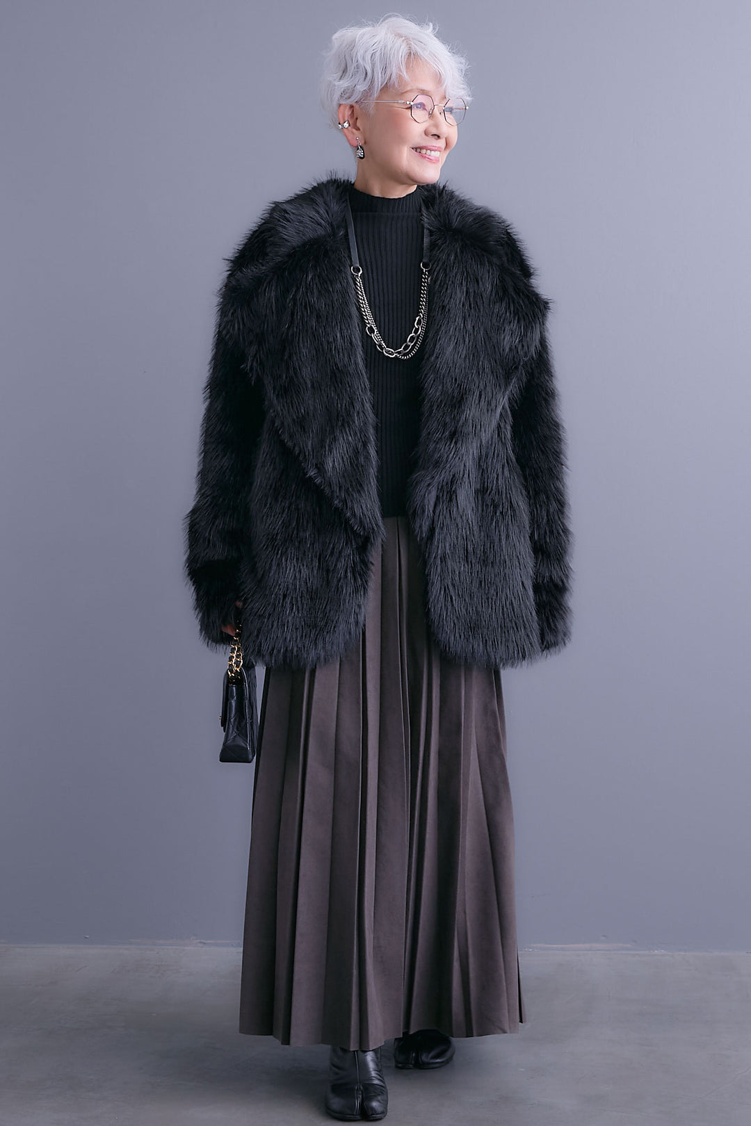 【SET】テーラードカラーファーコート+スエードロングプリーツスカート(2set)