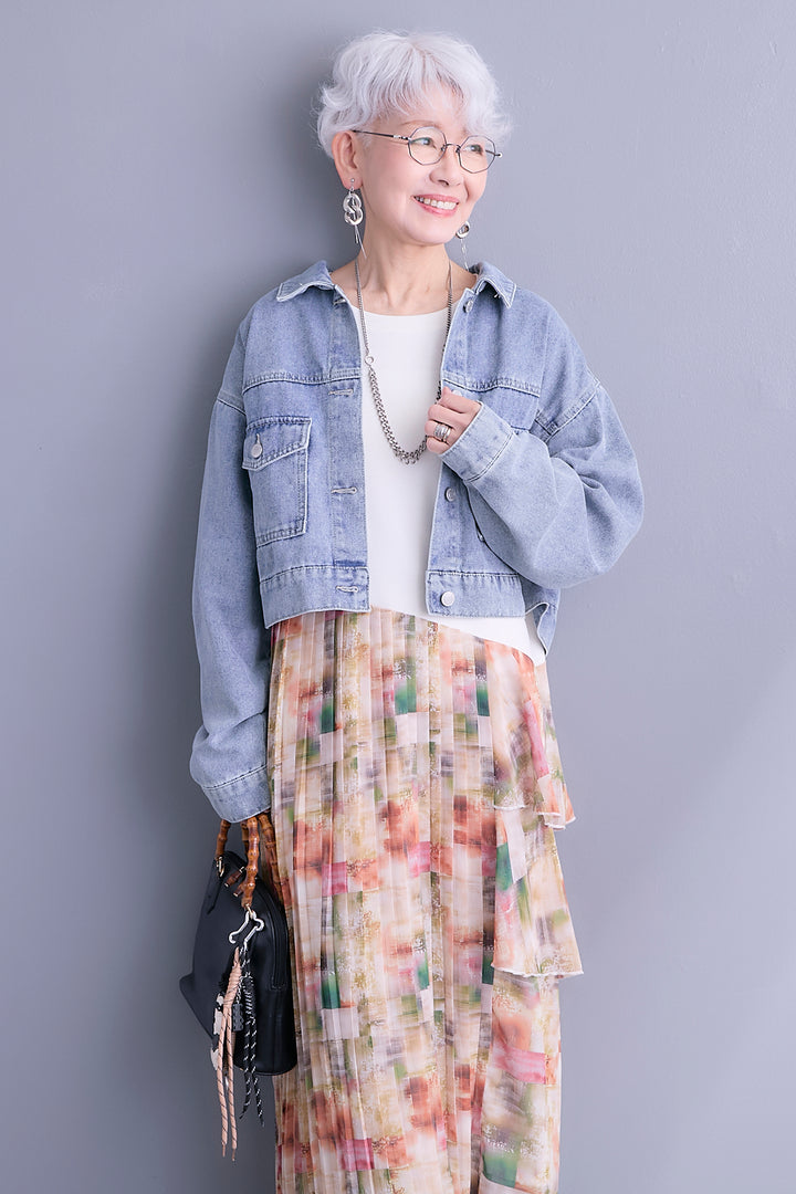 【SET】10ozライトデニムショートジャケット+アシメフラワープリーツドッキングワンピース(2set)