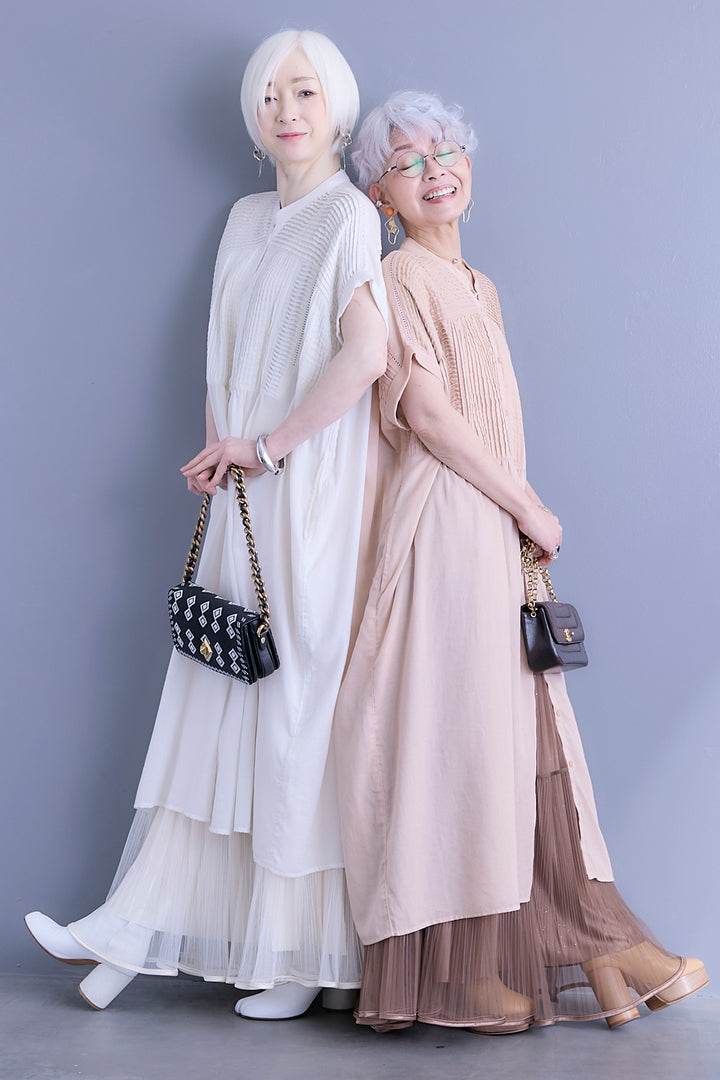 【SET】モスコットンピンタック×ハシゴレースワンピース+2WAYラメサテンプリーツ×シアーティアードチュールスカート(2set)