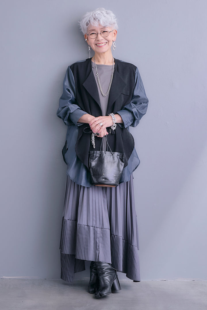 【SET】シアーシャツドッキングジャケット+アシンメトリーロンT+アシンメトリープリーツスカート(3set)