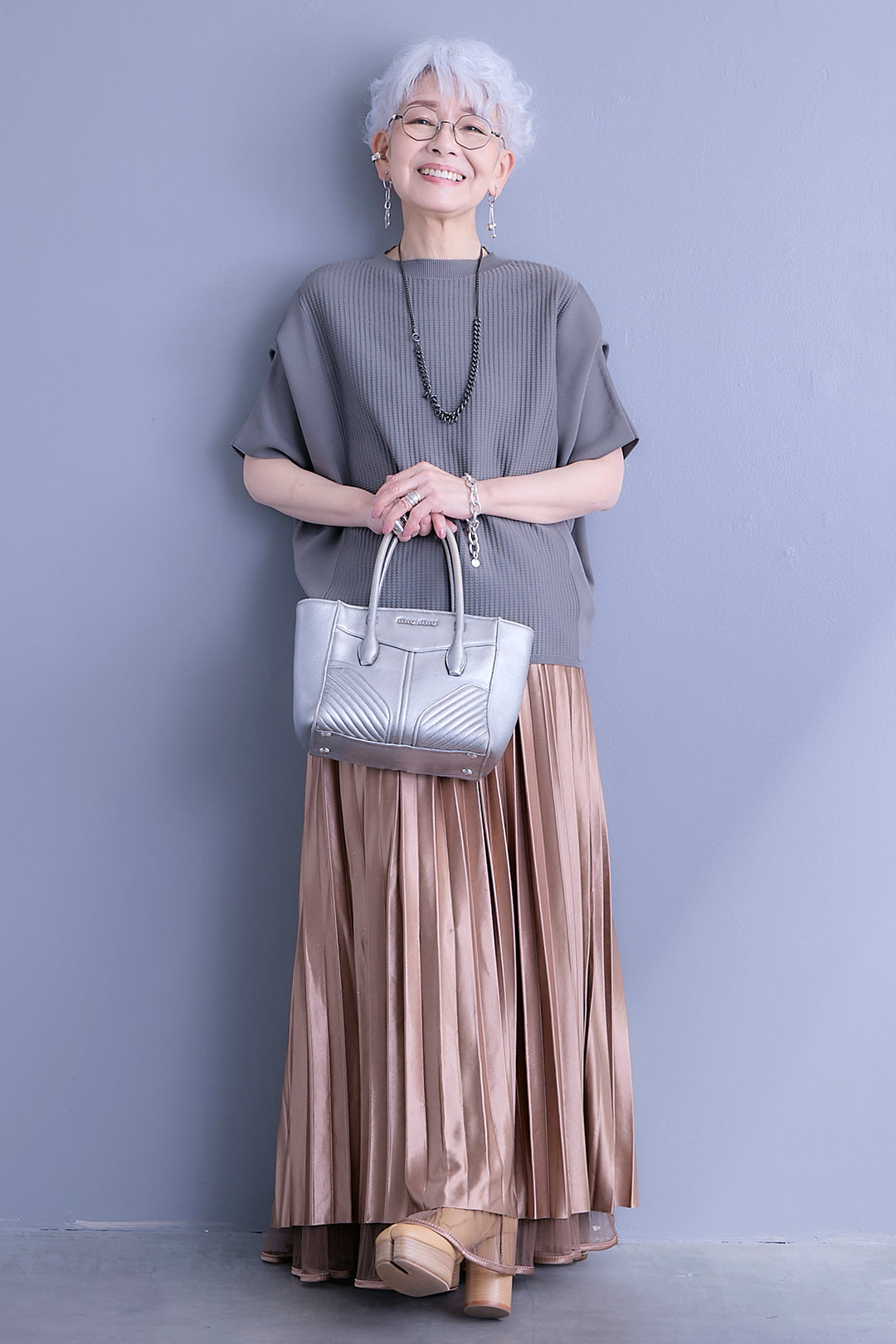 【SET】アップスリーブニットプルオーバー+2WAYラメサテンプリーツ×シアーティアードチュールスカート(2set)