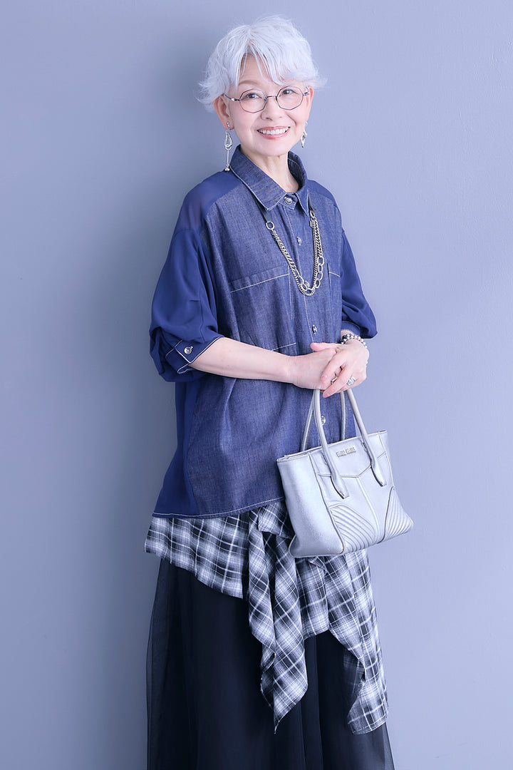 【予約】デニム×シフォンパフスリーブシャツ