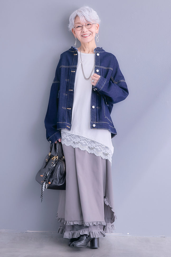 【SET】ノーカラーオーバーサイズデニムジャケット+ヘムレースアシメロンT+ヘムチュールレイヤードフリルスカート(3set)