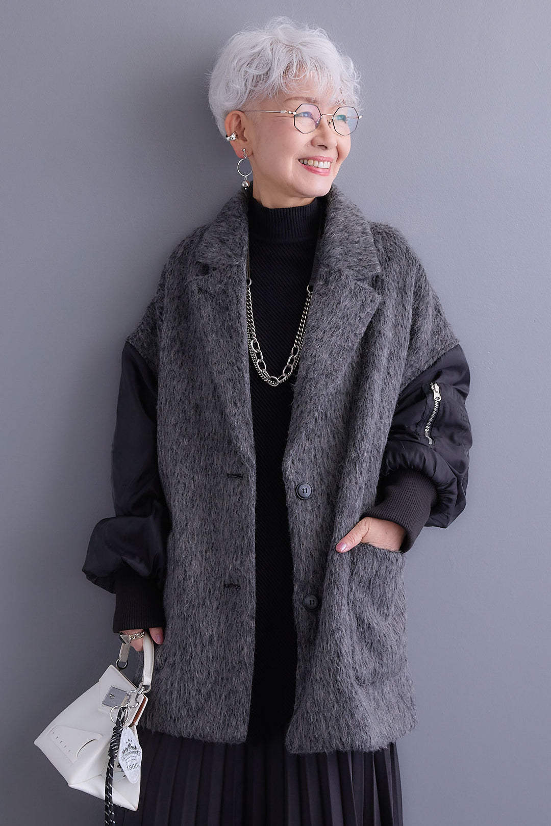 【新色追加】【SET】アシンメトリーオーバーニット+チュールレイヤードMA-1シャギーオーバーコート+アシンメトリープリーツスカート(3set)