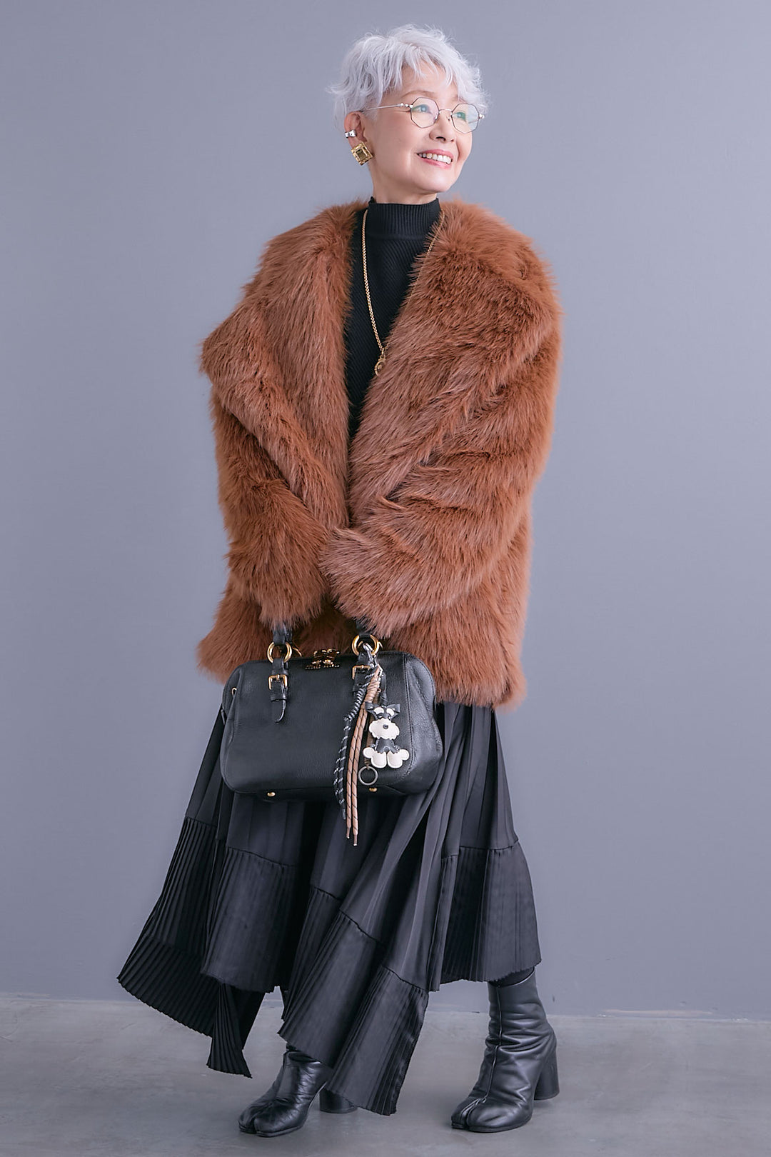 【SET】アシンメトリーオーバーニット+テーラードカラーファーコート+アシンメトリープリーツスカート(3set)