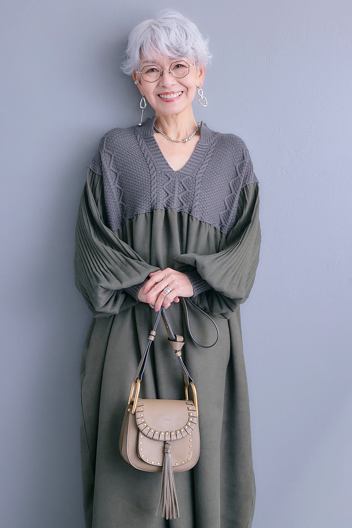 【予約】コーデュロイ×ニットコンビキーネックワンピース