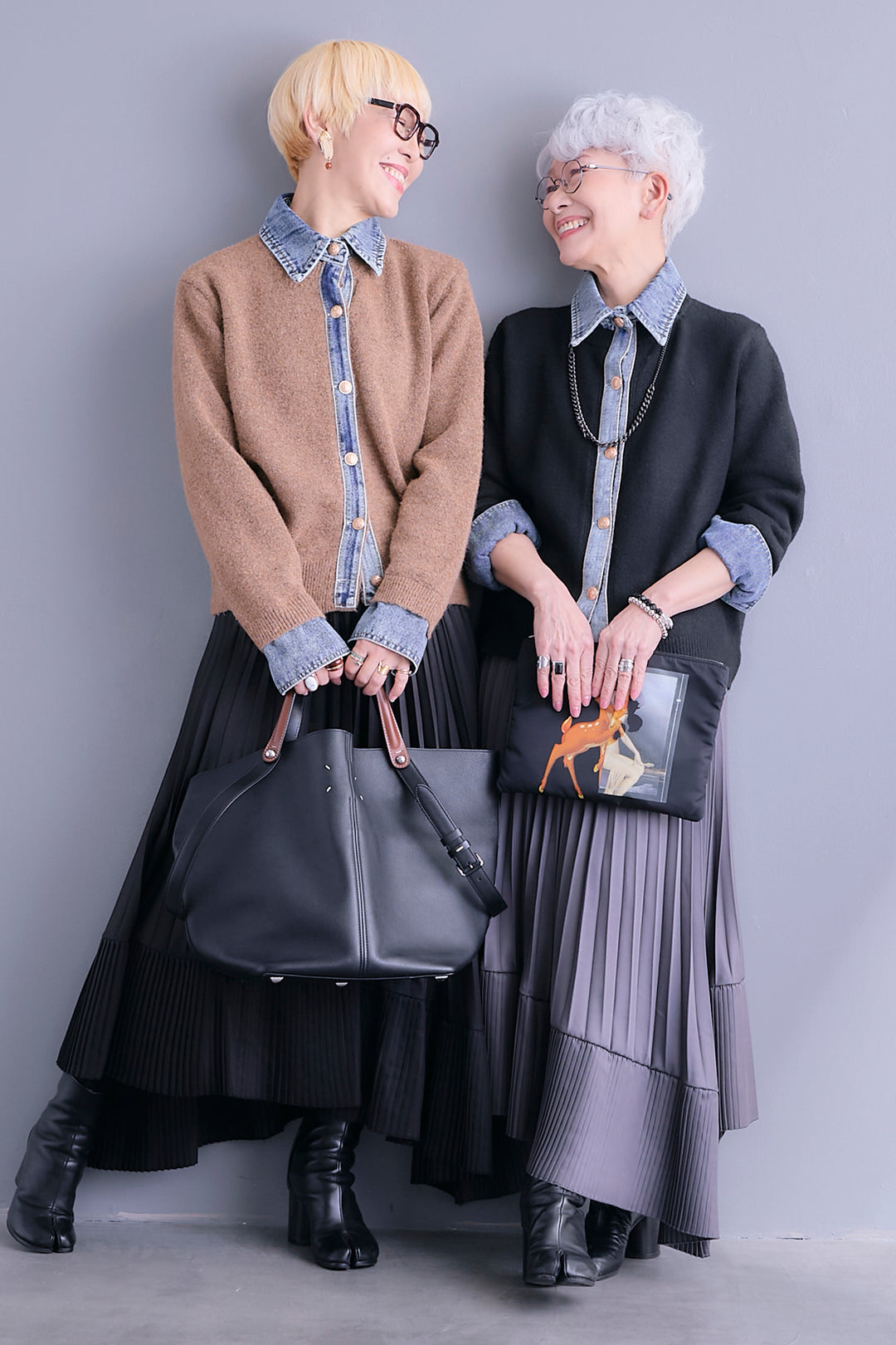 【SET】デニムコンビニットカーディガン+アシンメトリープリーツスカート(2set)