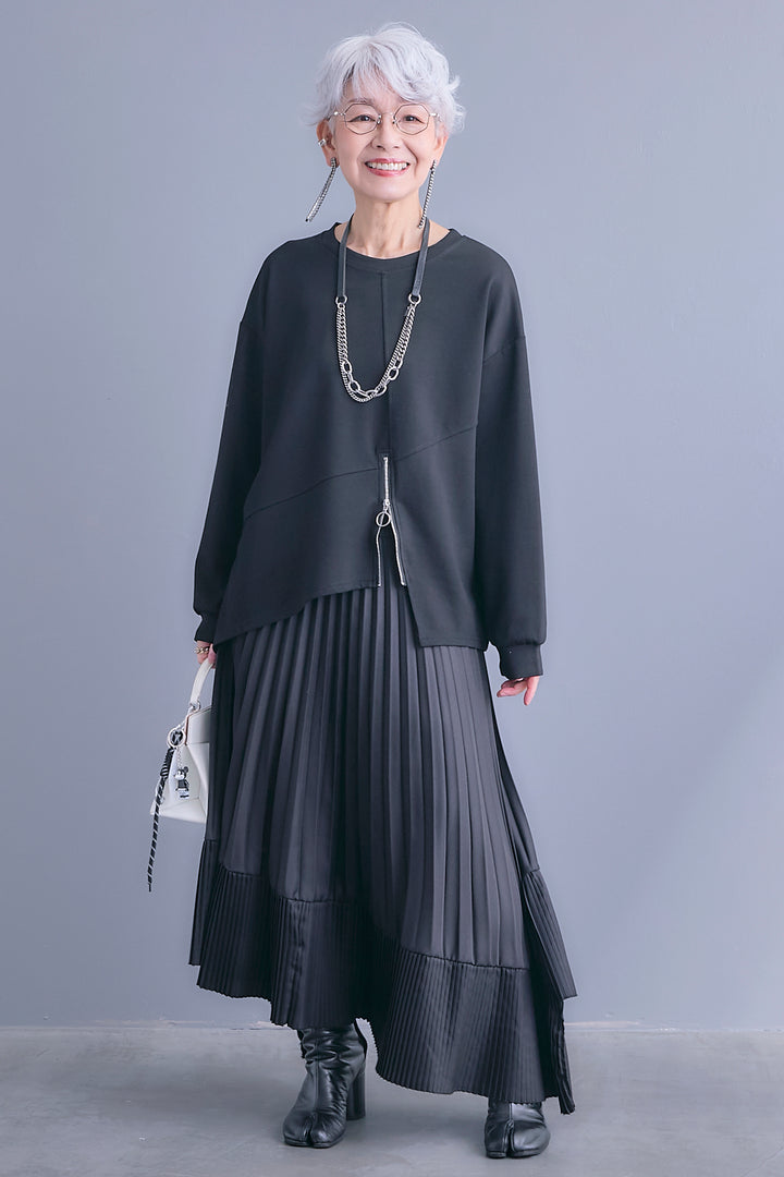 【SET】アシメリングZIPデザインプルオーバー+アシンメトリープリーツスカート(2set)