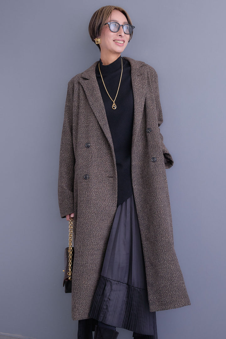 【SET】アシンメトリーオーバーニット+ツイードロングチェスターコート+アシンメトリープリーツスカート(3set)