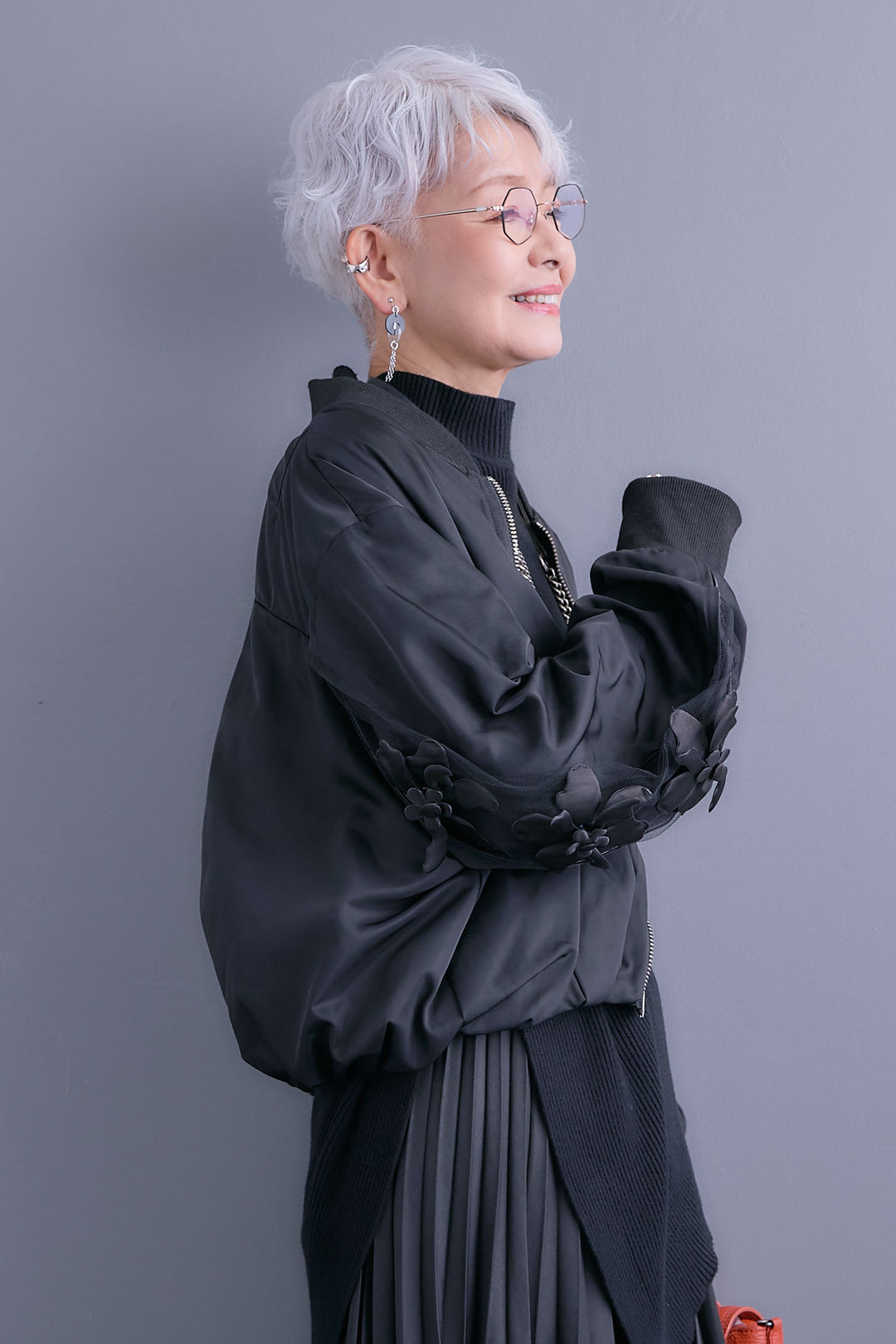 【SET】アシンメトリーオーバーニット+チュールフラワースリーブMA-1【2WAY】+アシンメトリープリーツスカート(3set)