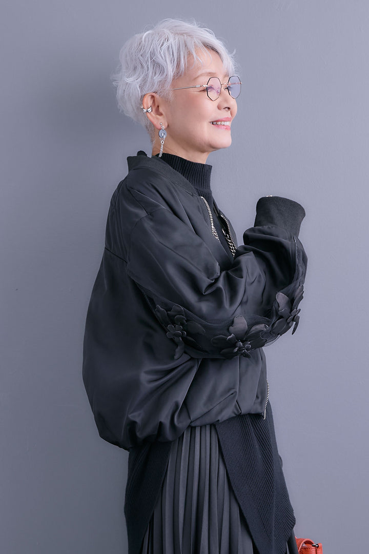 【SET】アシンメトリーオーバーニット+チュールフラワースリーブMA-1【2WAY】+アシンメトリープリーツスカート(3set)