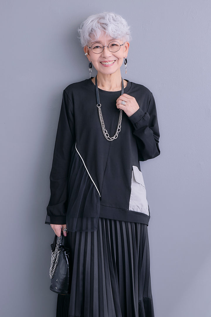 【SET】チュールギャザーアシメポケットプルオーバー+アシンメトリープリーツスカート(2set)