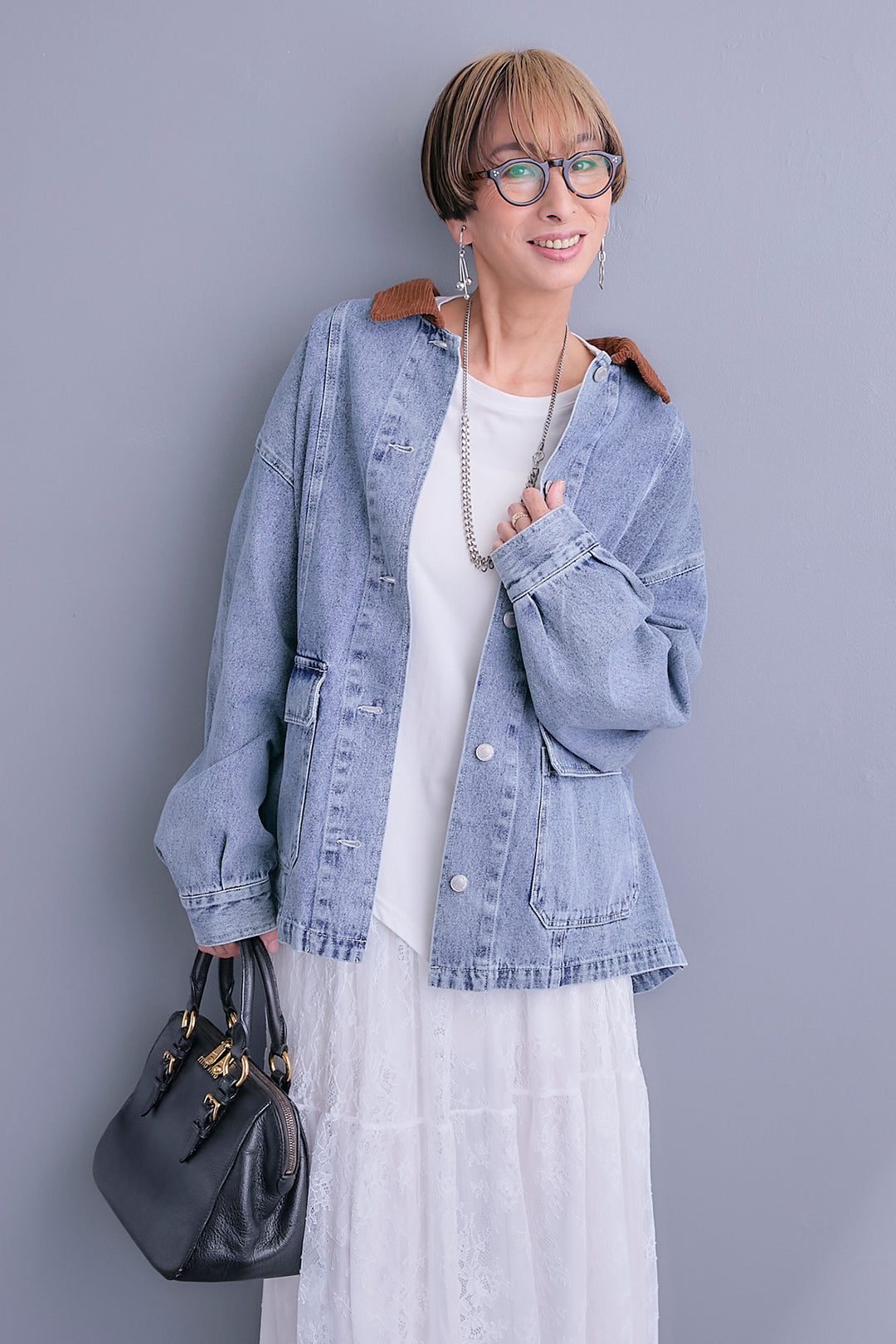 【SET】コーデュロイカラー10ozデニムジャケット+アシンメトリーロンT+アイラッシュレースロングスカート(3set)