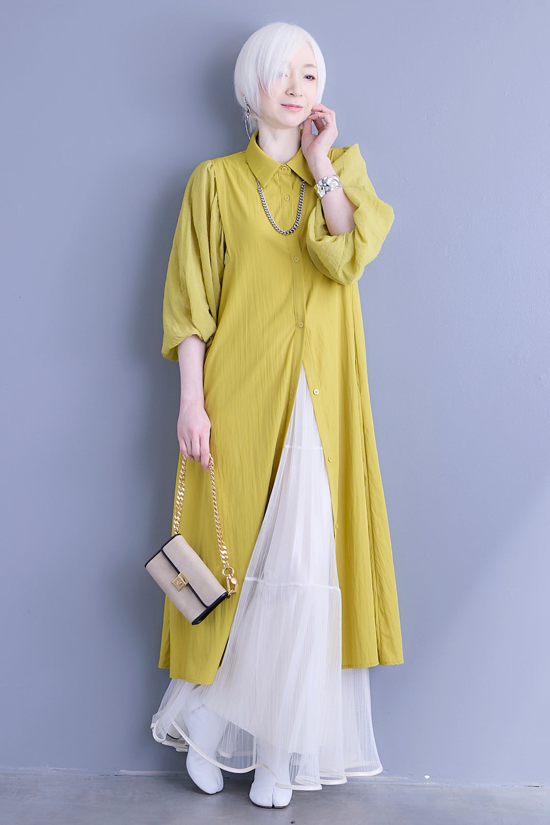 【SET】バルーンスリーブシャツワンピース+2WAYラメサテンプリーツ×シアーティアードチュールスカート(2set)