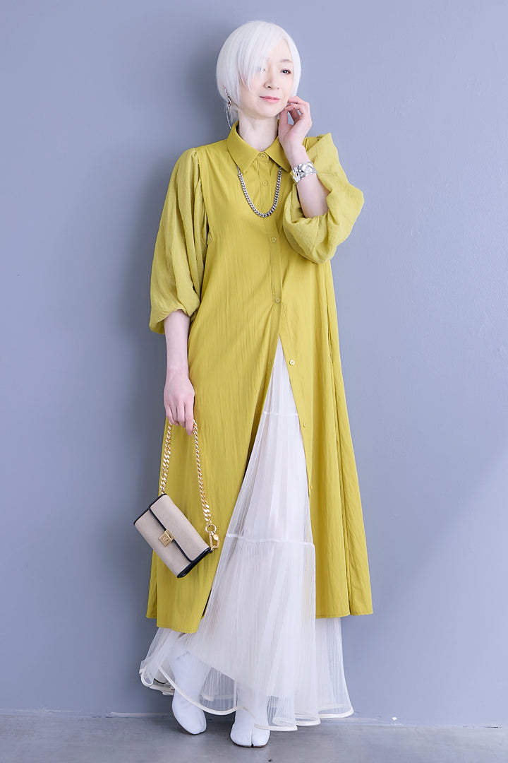 【SET】バルーンスリーブシャツワンピース+2WAYラメサテンプリーツ×シアーティアードチュールスカート(2set)