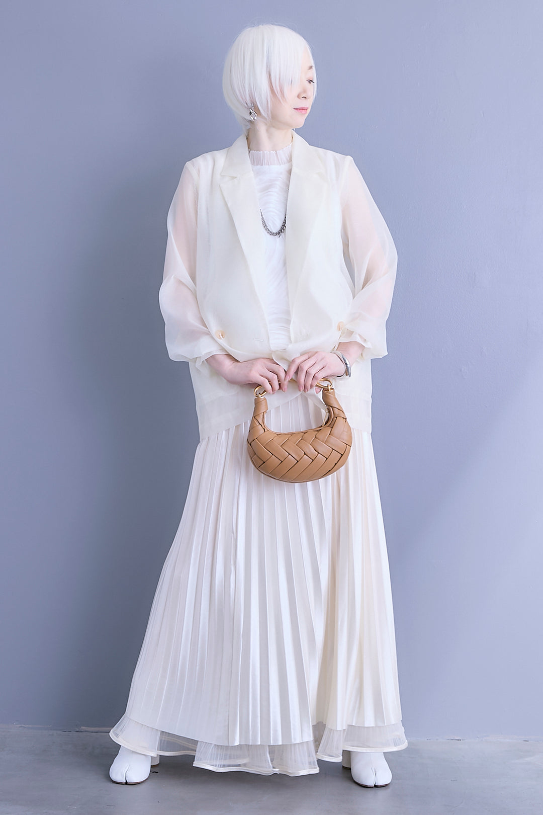 【SET】シアーポプリンダブルテーラードジャケット+ウェーブモチーフスタンドネックブラウス+2WAYラメサテンプリーツ×シアーティアードチュールスカート(3set)