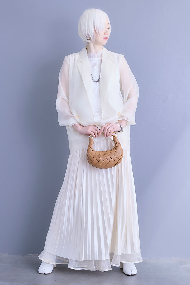 【SET】シアーポプリンダブルテーラードジャケット+ウェーブモチーフスタンドネックブラウス+2WAYラメサテンプリーツ×シアーティアードチュールスカート(3set)