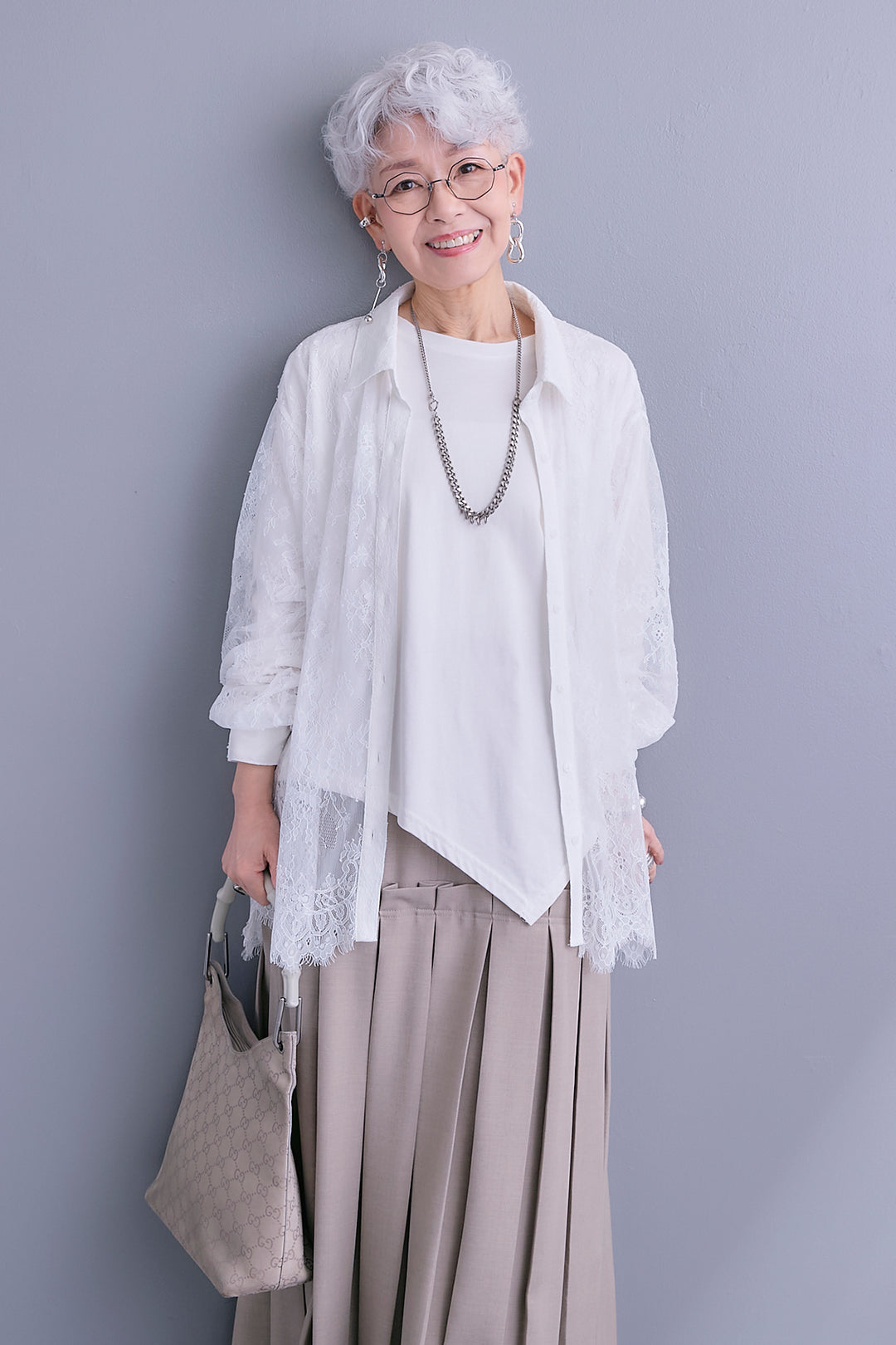 【SET】アイラッシュレースボリュームスリーブシャツ+アシンメトリーロンT+ボックスプリーツロングスカート(3set)