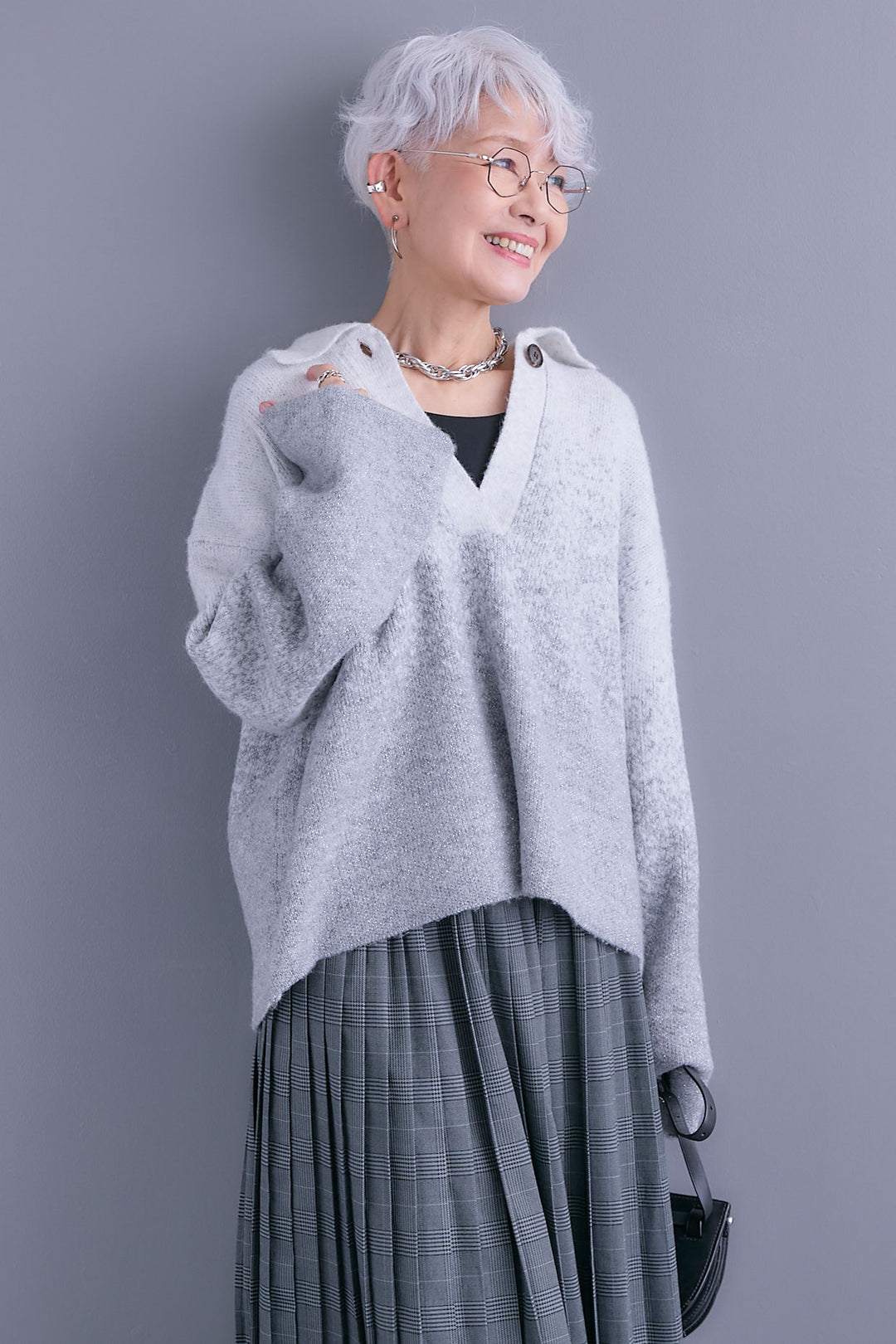 【SET】グラデーションラメキーネックニット+グレンチェックプリーツスカート(2set)