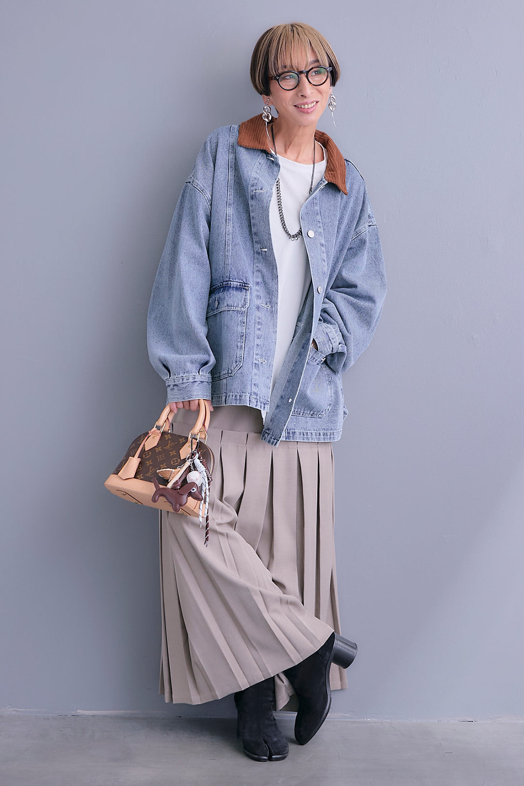 【SET】コーデュロイカラー10ozデニムジャケット+アシンメトリーロンT+ボックスプリーツロングスカート(3set)