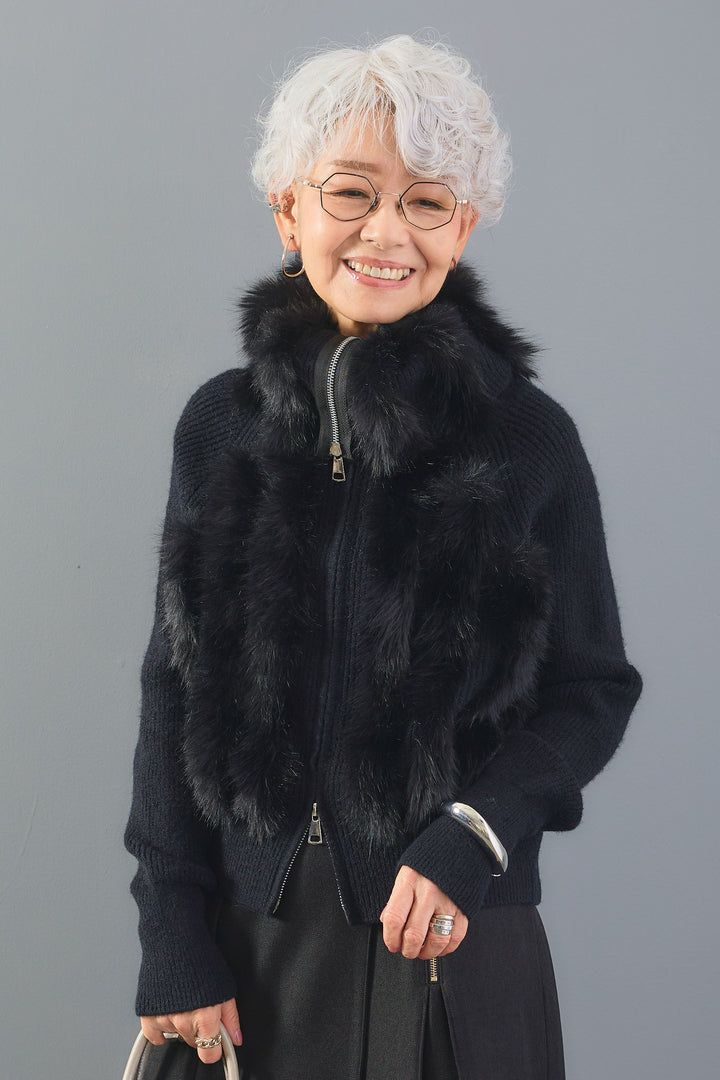 【SET】アレンジネックファーZIPニット+ブラッシュツイルバイカラーラップワイドパンツ(2set)
