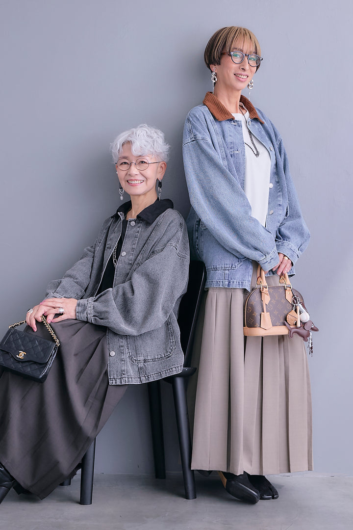 【SET】コーデュロイカラー10ozデニムジャケット+アシンメトリーロンT+ボックスプリーツロングスカート(3set)