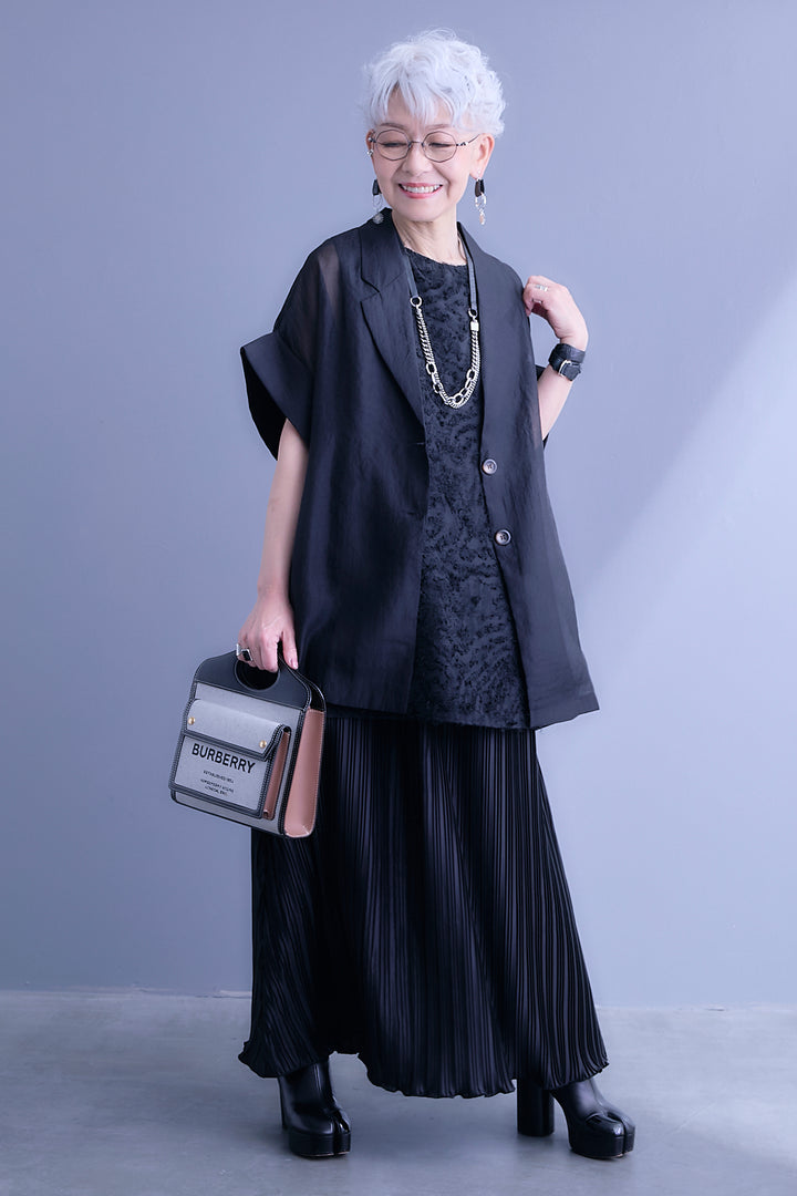【SET】フェザージャガード×サテンプリーツノースリーブワンピース+フェザージャガード×サテンプリーツノースリーブワンピース(2set)