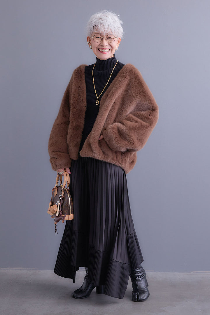 【SET】ボリュームスリーブハイネックリラクシーニット+ノーカラーラウンドシルエットファーコート+アシンメトリープリーツスカート(3set)