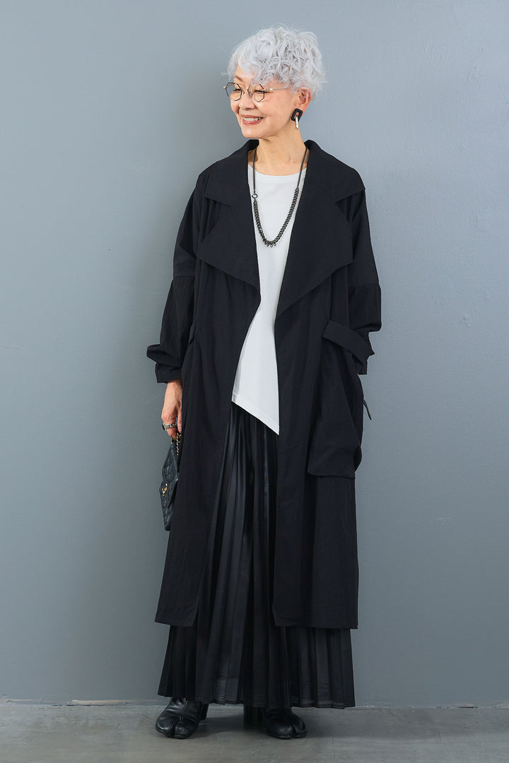 【SET】アシンメトリーロンT+ワッシャートレンチライクライトコート+レザーライクプリーツスカート(3set)