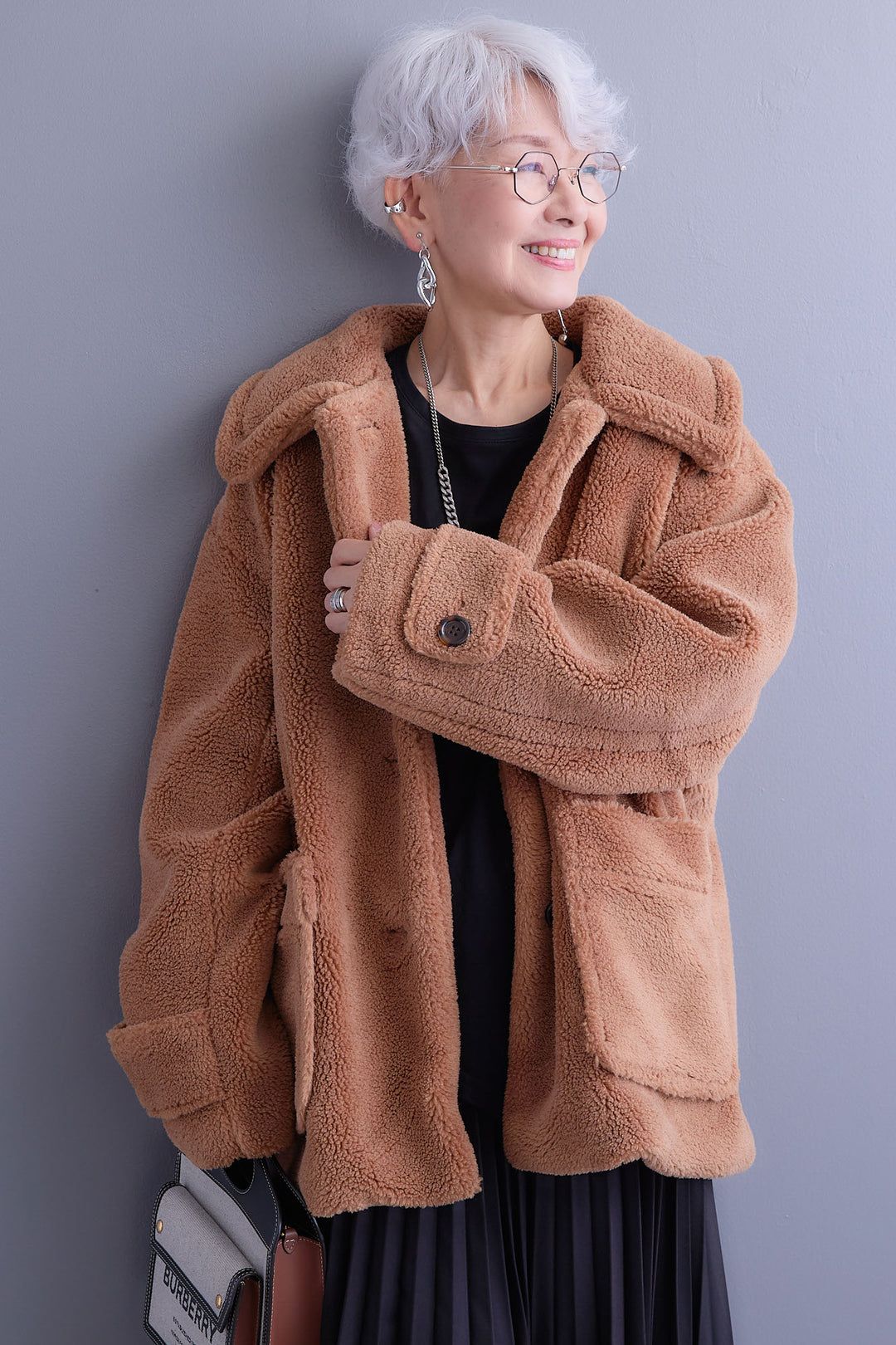 【SET】テディボアフラットカラーコート+アシンメトリープリーツスカート(2set)