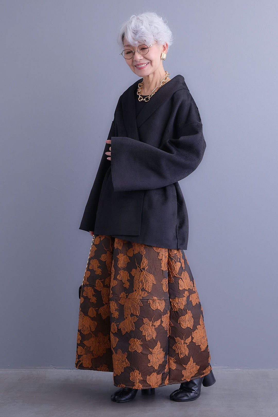 【SET】メルトンソフトショールカラーコート【ベルト付き】+ジャガードフラワースカート(2set)