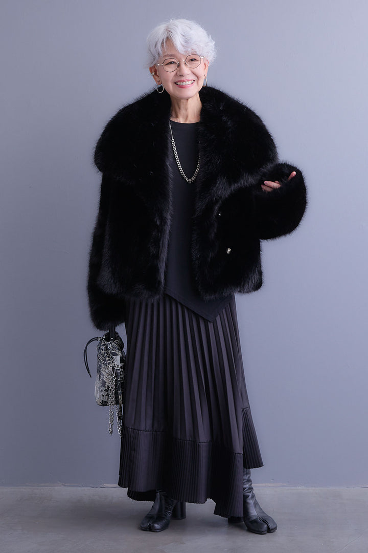 【SET】アシンメトリーロンT+オーバーカラーファーコート+アシンメトリープリーツスカート(3set)