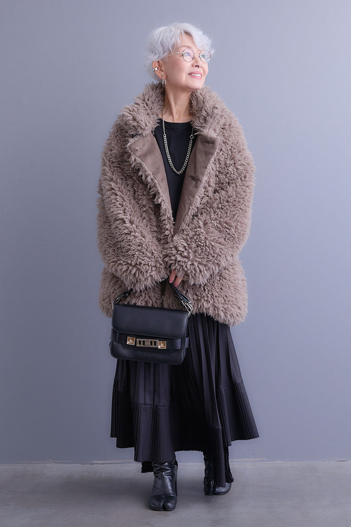 【SET】アシンメトリーロンT+プードルボア2WAYカラーコート+アシンメトリープリーツスカート(3set)