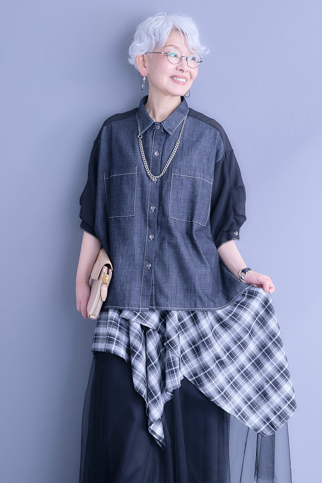 【予約】デニム×シフォンパフスリーブシャツ