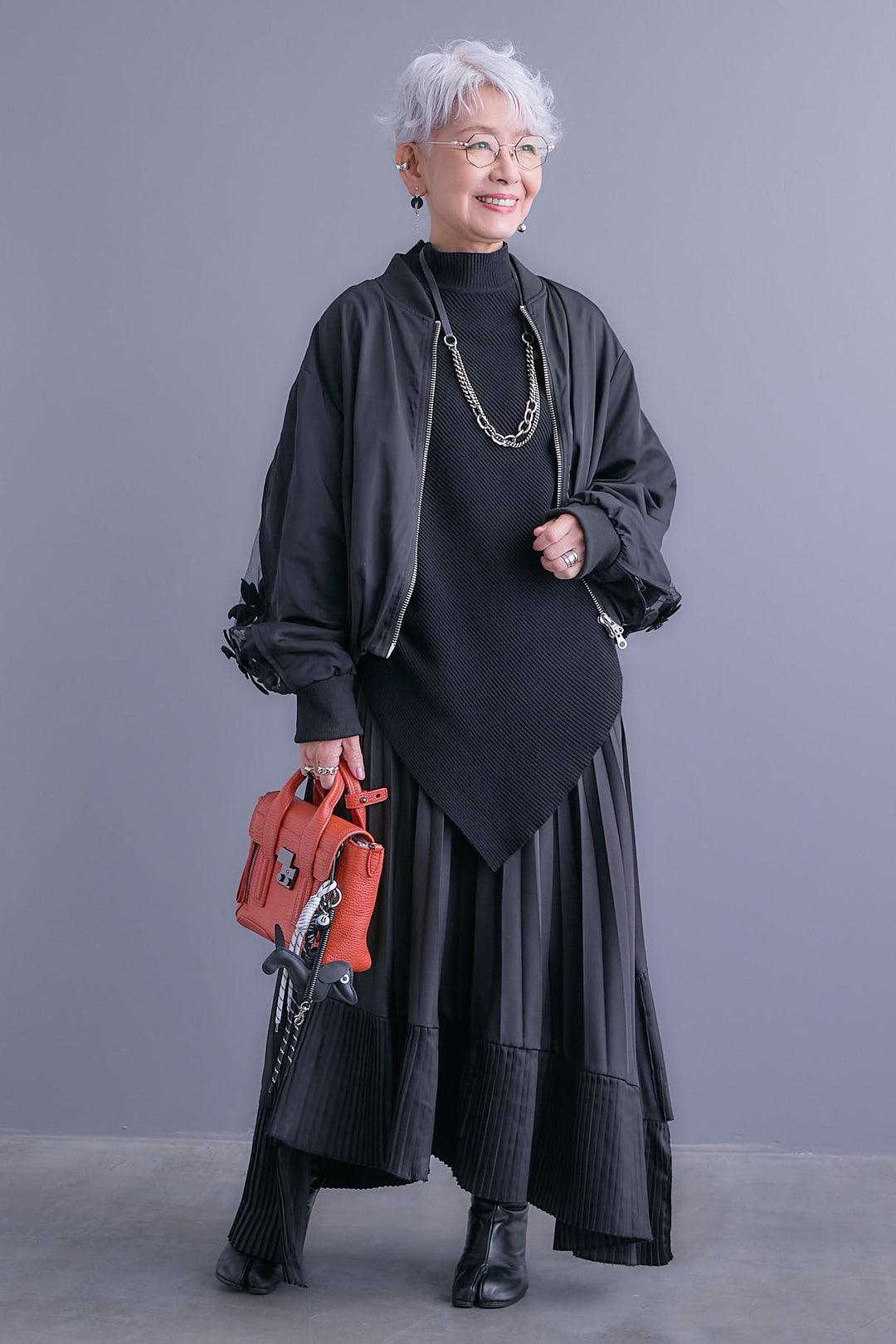 【SET】アシンメトリーオーバーニット+チュールフラワースリーブMA-1【2WAY】+アシンメトリープリーツスカート(3set)