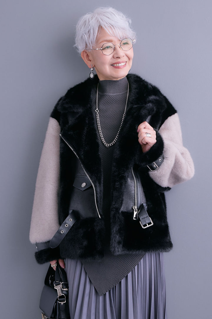 【SET】アシンメトリーオーバーニット+ライダースドッキングエコファージャケット+アシンメトリープリーツスカート(3set)