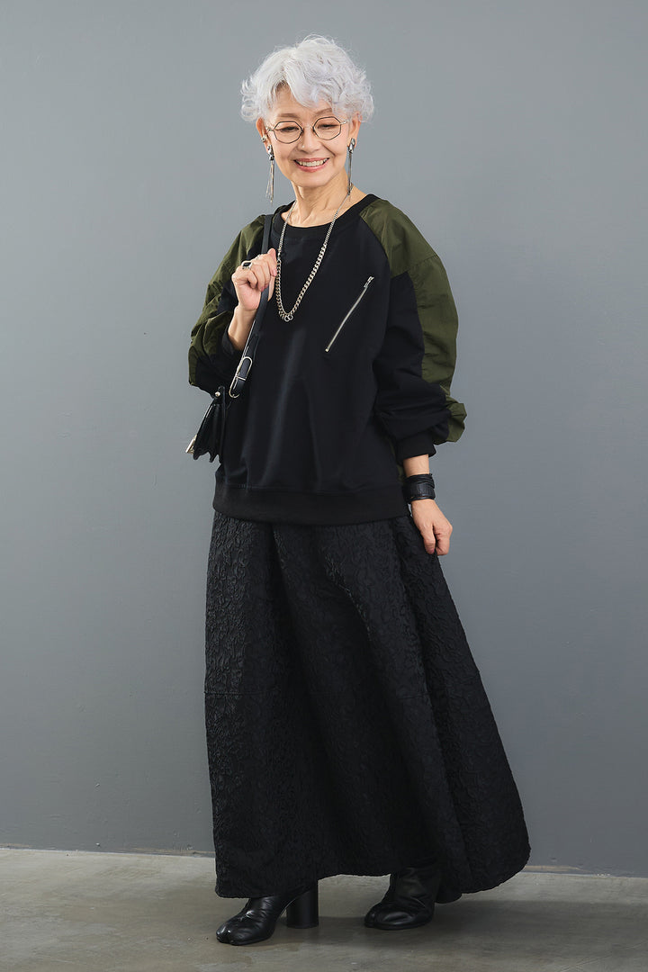 【SET】ZIPデザインギャザースリーブトップス+フクレジャガードフラワースカート(2set)