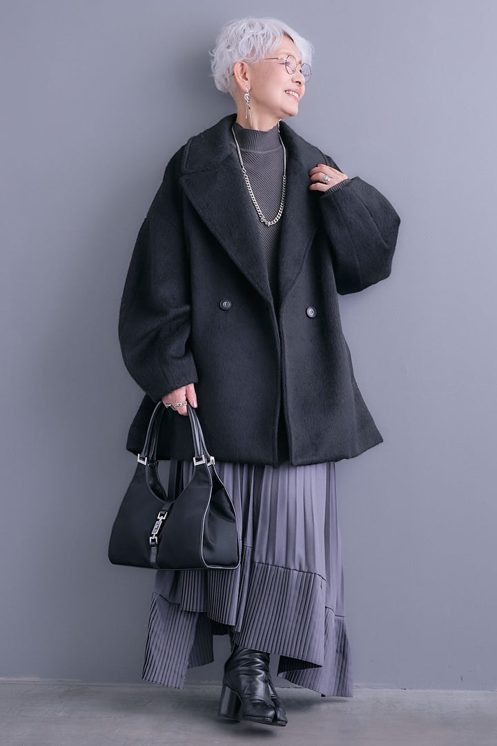 【SET】アシンメトリーオーバーニット+ワイドラペルコクーンスリーブシャギーコート+アシンメトリープリーツスカート(3set)