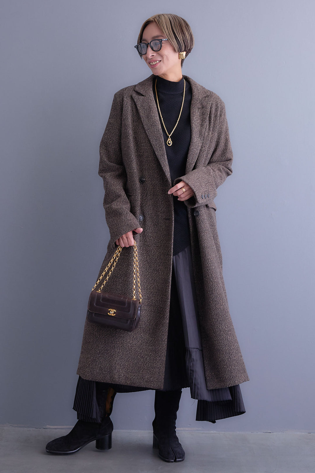 【SET】アシンメトリーオーバーニット+ツイードロングチェスターコート+アシンメトリープリーツスカート(3set)