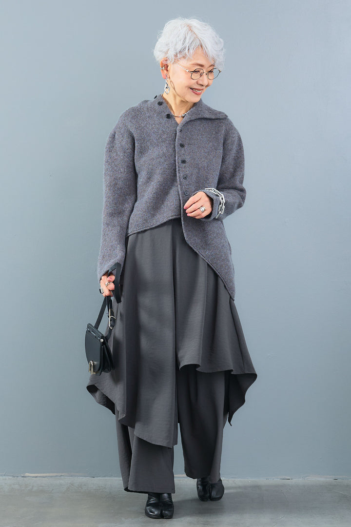 【SET】アシメハイネックボタンニット+アシメレイヤードワイドパンツ(2set)