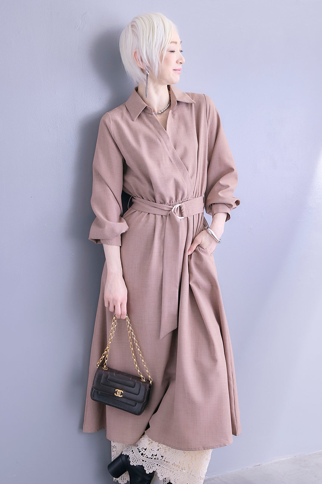 【SET】スキッパーカシュクールシャツワンピース+ケミカルレースパンツ(2set)