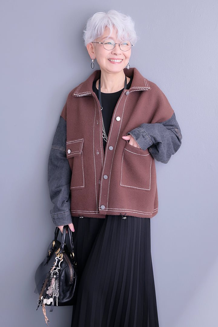 【SET】ステッチニット×デニムスリーブジャケット+プリーツストレッチロングワンピース(2set)