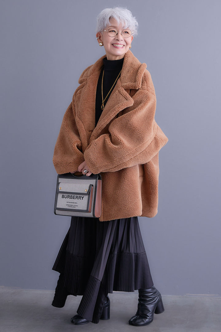 【SET】アシンメトリーオーバーニット+テディボアミディコート+アシンメトリープリーツスカート(3set)