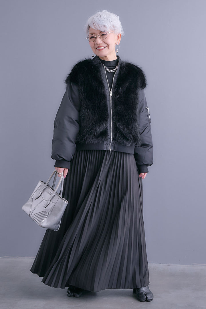 【SET】ファーシャギーMA-1ブルゾン+ルーズロングプリーツスカート(2set)