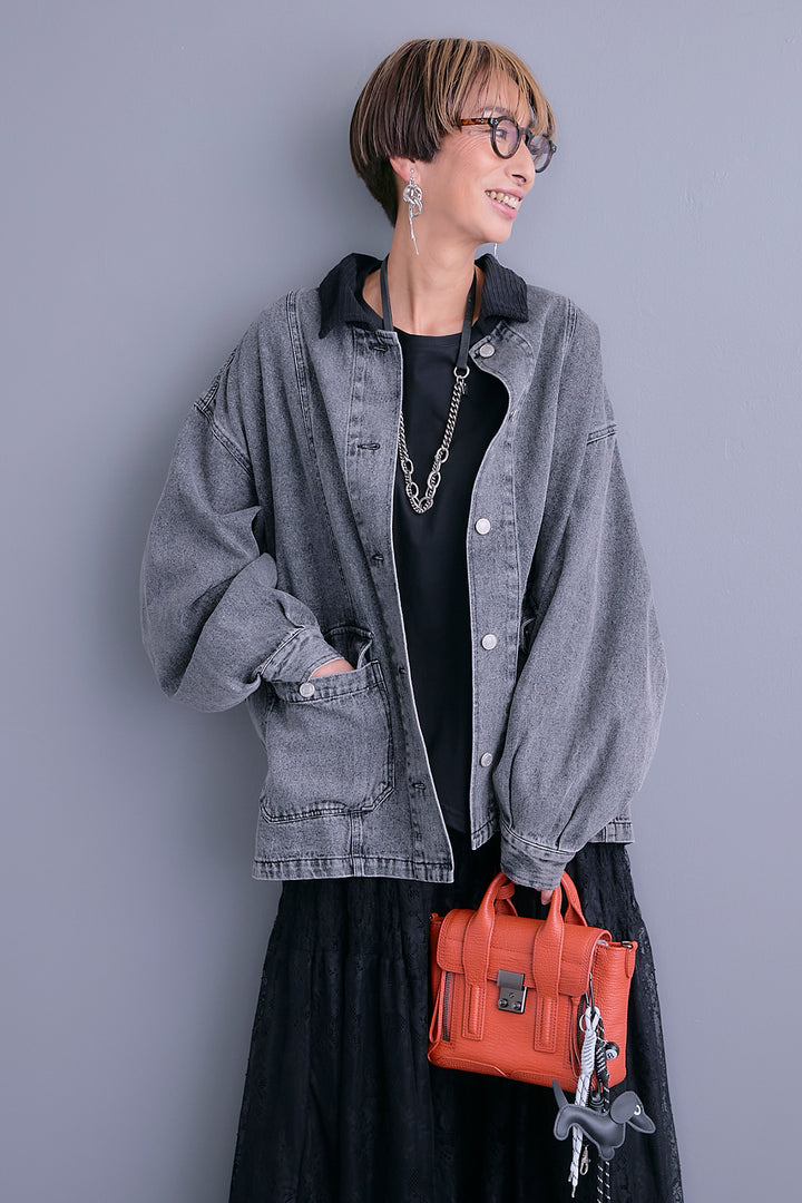 【SET】コーデュロイカラー10ozデニムジャケット+アシンメトリーロンT+アイラッシュレースロングスカート(3set)