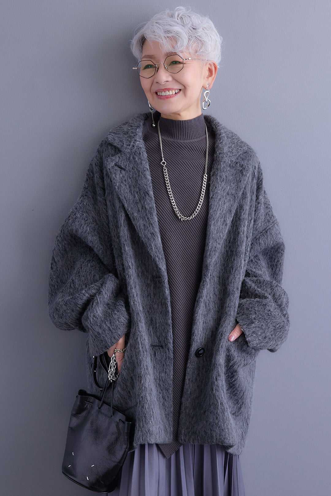 【SET】アシンメトリーオーバーニット+シャギーテーラードコート+アシンメトリープリーツスカート(3set)